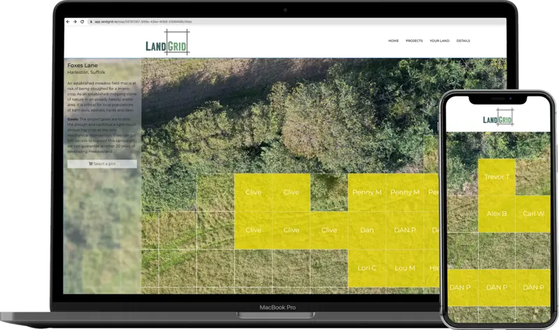 A Landgrid project map on a laptop and phone, with supporters’ squares highlighted in yellow