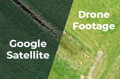 Google satellite imagery beside sharper drone footage of the same field